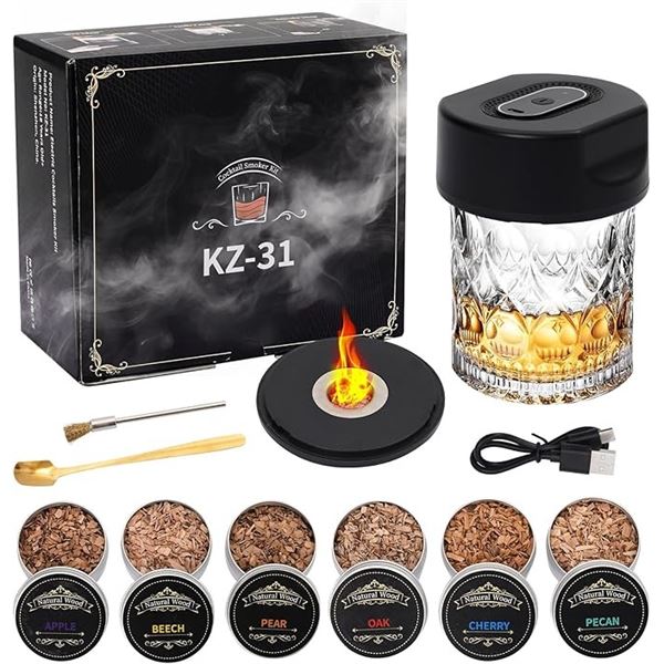 Electric Cocktail Smoker Kit with 6 Flavors Wood Chips; USB-Rechargeable Whiskey Smoker - New!