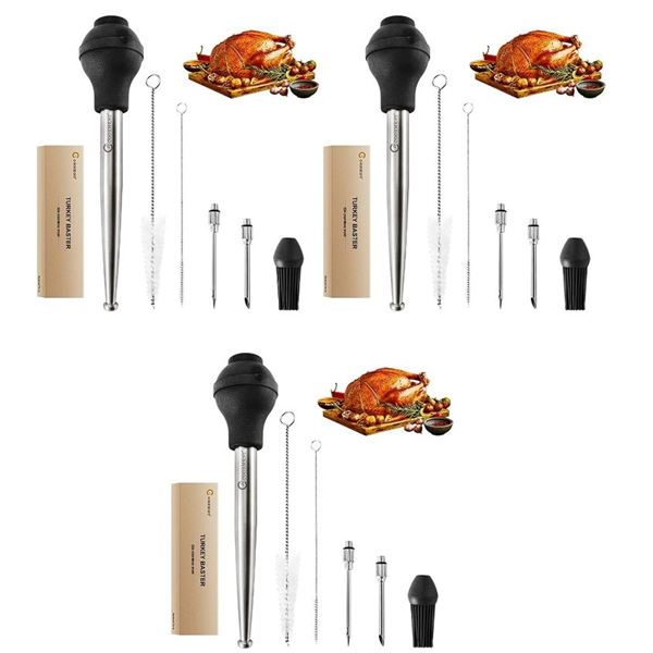 Lot of 3 JY Cookment Stainless Steel Turkey Basters/Syringes for Cooking with Cleaning Brush - New