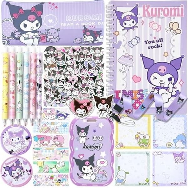 Kuromi Kawaii School Supplies Set/Stationary Gift Set w/ Pens, Notebook, Lanyard, Stickers, etc New!