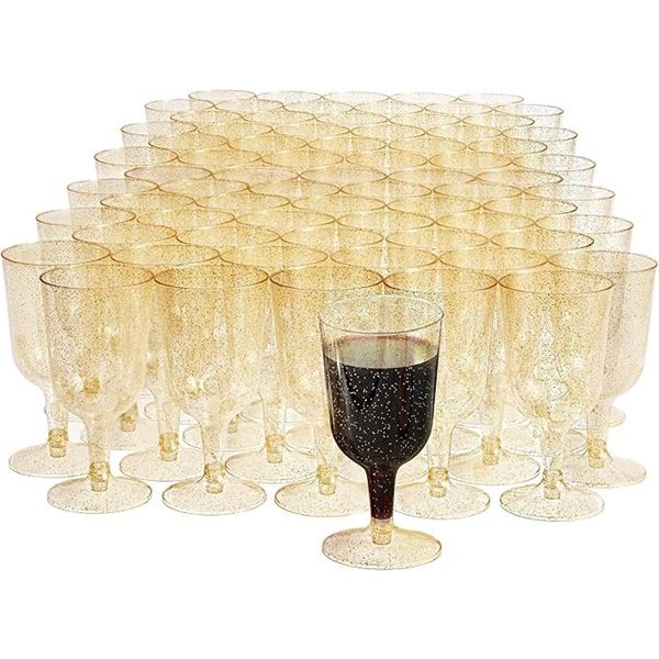 Mantana 100PC Premium Plastic Gold Glitter Wine Glasses (6oz) Elegant, Sturdy & Reusable - New