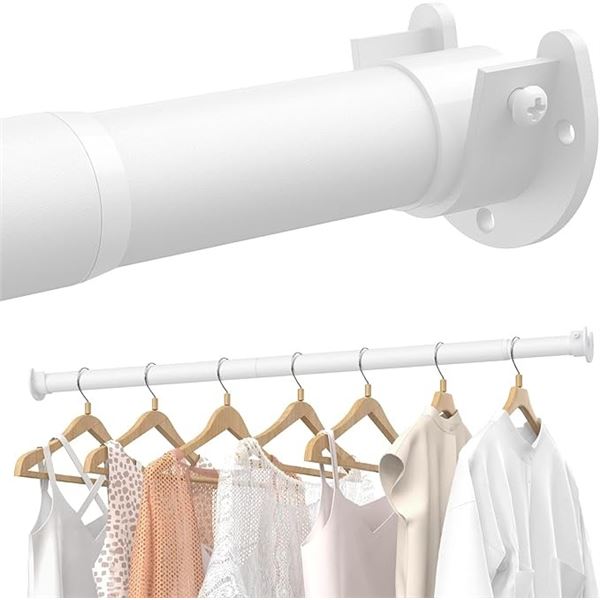 Stepless Adjustable (17" to 84") Closet Rod for Hanging Clothes; Extendable Length, White - New