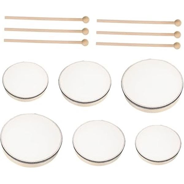 6-Pack Hand Drum Set (6", 8", & 10" Sizes) Wooden Frame Drums with Drum Sticks - New!