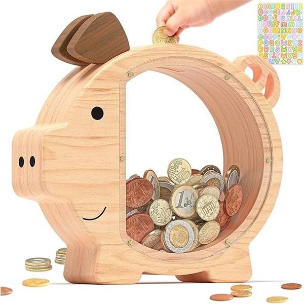 Large Wooden Piggy Bank for Kids (9 x 9.5") Cute/Unbreakable Money Box with Clear Window - New