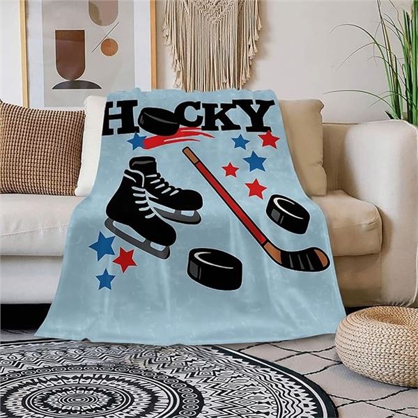Soft Fleece Ice Hockey Throw Blanket (51" x 59") Hockey Themed Lightweight Blanket - New Sealed!