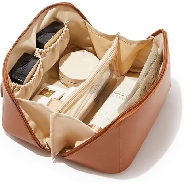 EACHY Large Travel Makeup/Cosmetic Bag (Brown) Open Flat/Spacious Design - Brand New