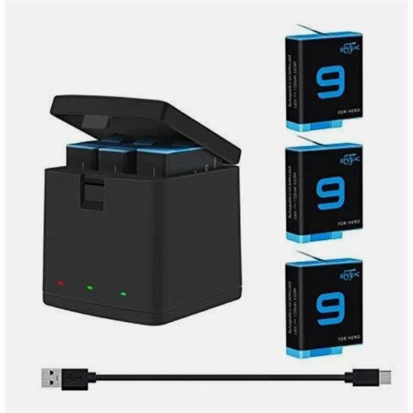 Reyric Go-Pro Hero 9 3-Pack Replacement Batteries with Charging Box (For GoPro 9 Action Cameras) New