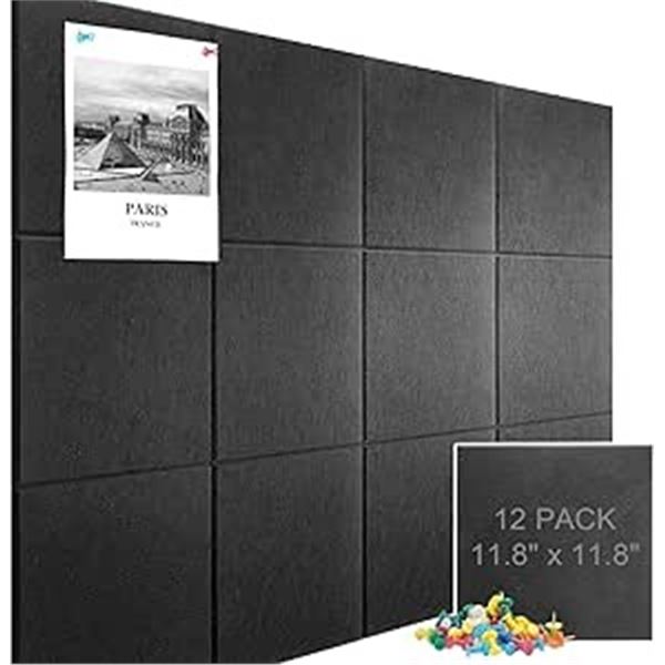 12-Pack Large Black Felt Wall Tiles/Cork Board Alternative for Office/School/Home (48" x 36") - New