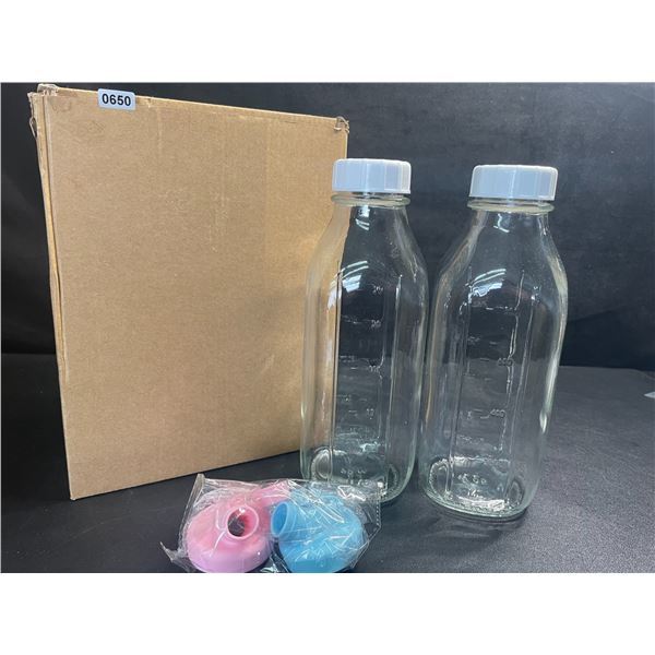 2-Pack Glass Milk Bottles/Beverage Storage Bottles with Lids & Silicone Dispenser Caps - New