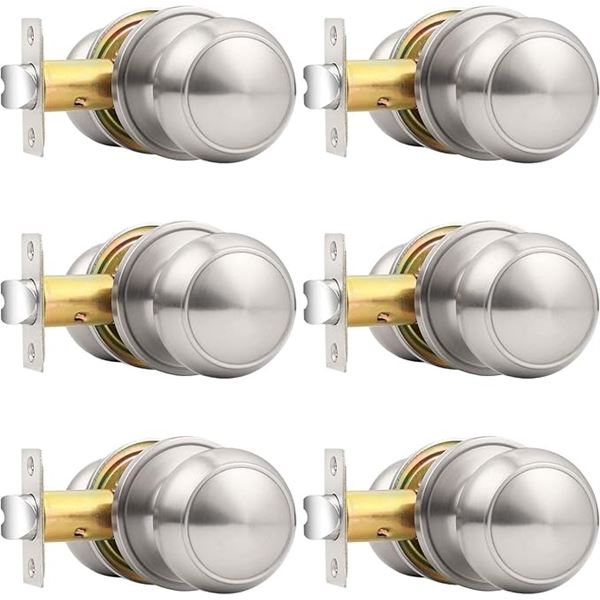 6-Pack Passage Door Knobs/Door Handles - Interior/Keyless Round Door Knobs (Brushed Nickel) NEW