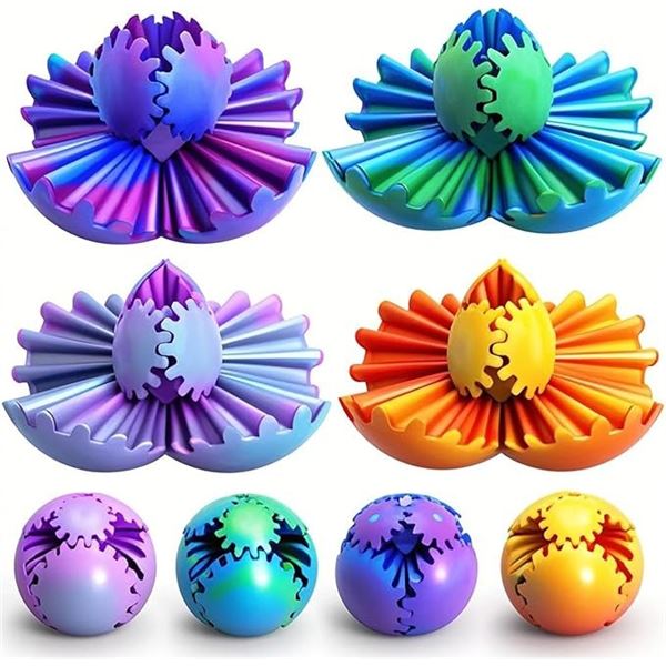 4-Pack 3D Printed Gear Spin Balls/Fidget Sensory Toys - 2.6" Spheres for Stress/Anxiety Relief - New