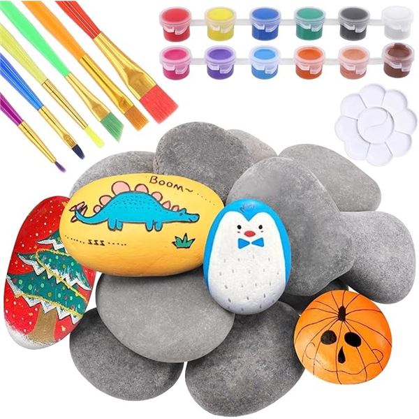 34PCS Rock Painting Kit for Kids w/ 15PC Rocks, 6 Brushes, 12 Color Paints, & 1pc Palette - New