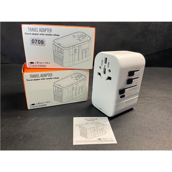 Lot of 2 Travel Adapters with Variable Voltage, Each with 2x USB-C & 2x USB-A Ports - New