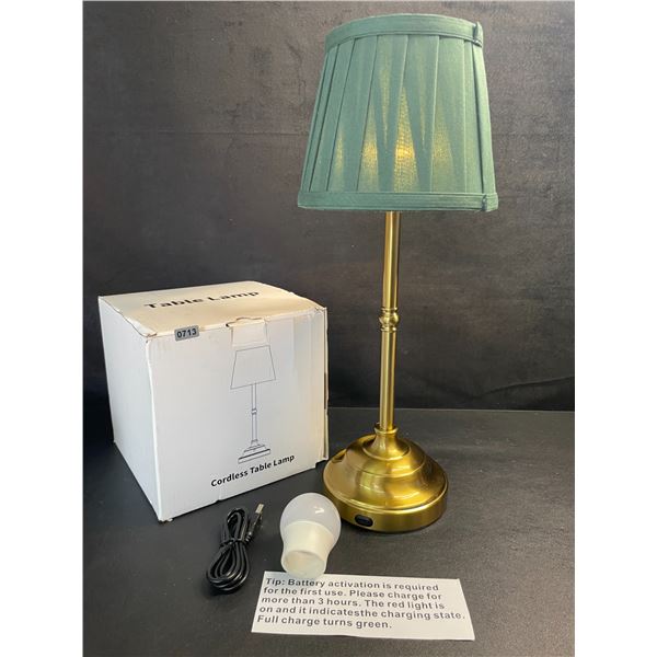 Cordless Table Lamp with Green Fabric Shade; Rechargeable/Portable/Dimmable; With Bulb - New
