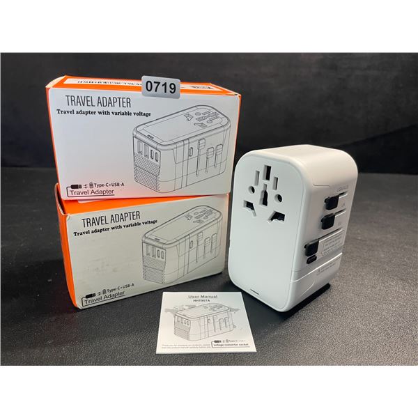 Lot of 2 Travel Adapters with Variable Voltage, Each with 2x USB-C & 2x USB-A Ports - New