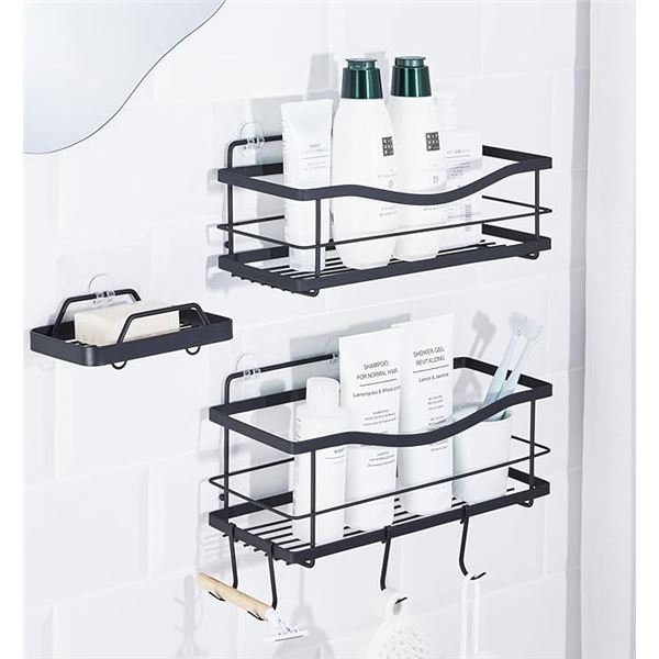 3PC Matte Black Shower Caddy and Soap Holder Set; Stainless Steel/Adhesive Wall Mount - New