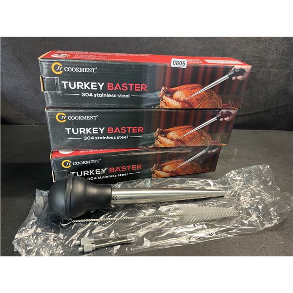 Lot of 3 JY Cookment Stainless Steel Turkey Basters/Syringes for Cooking with Cleaning Brush - New