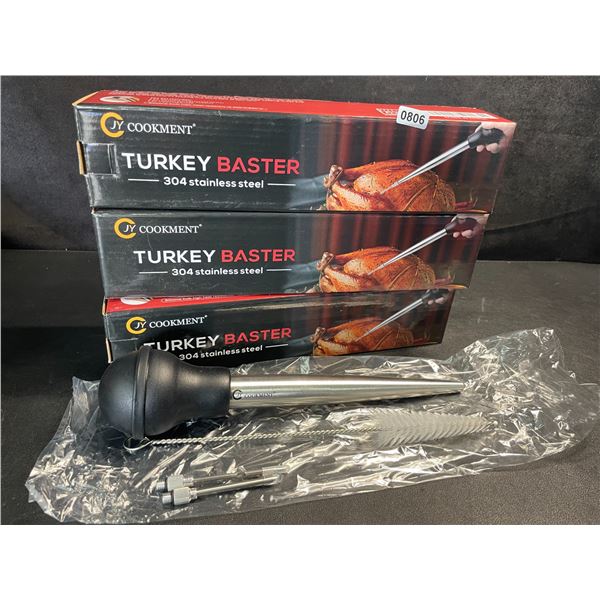 Lot of 3 JY Cookment Stainless Steel Turkey Basters/Syringes for Cooking with Cleaning Brush - New