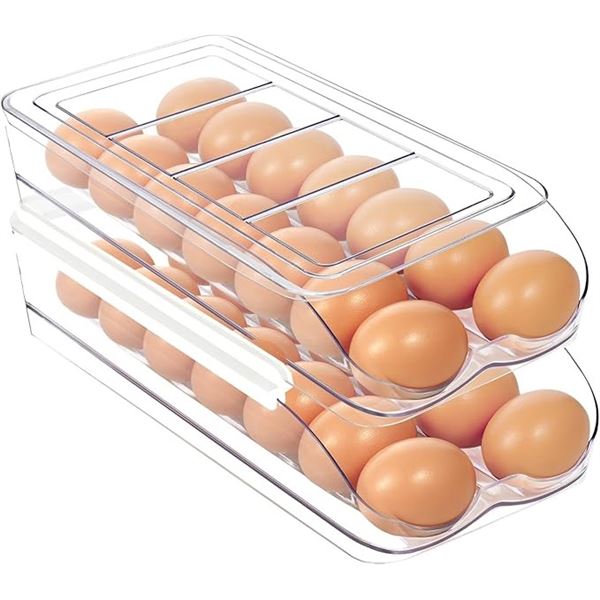 2-Layer Egg Holder for Fridge; Automatic Rolling Egg Organizer/Tray - Stackable/Clear Design - New
