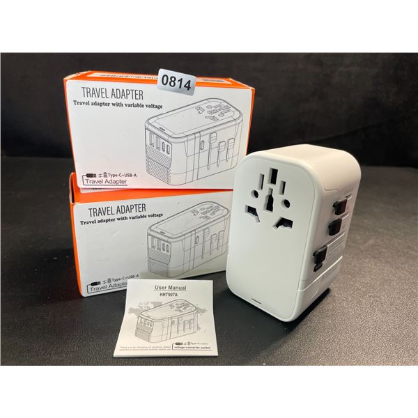 Lot of 2 Travel Adapters with Variable Voltage, Each with 2x USB-C & 2x USB-A Ports - New