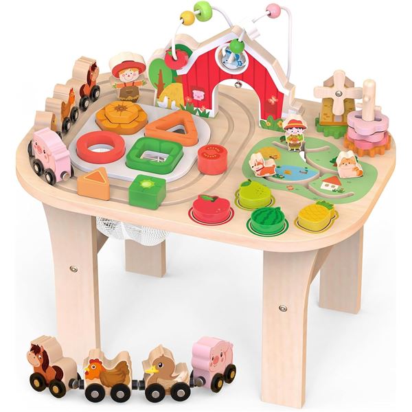 Large Wooden Farm Activity Table/Montessori Learning Toy Table w/ Maze, Shape Sorter, & Animal Train
