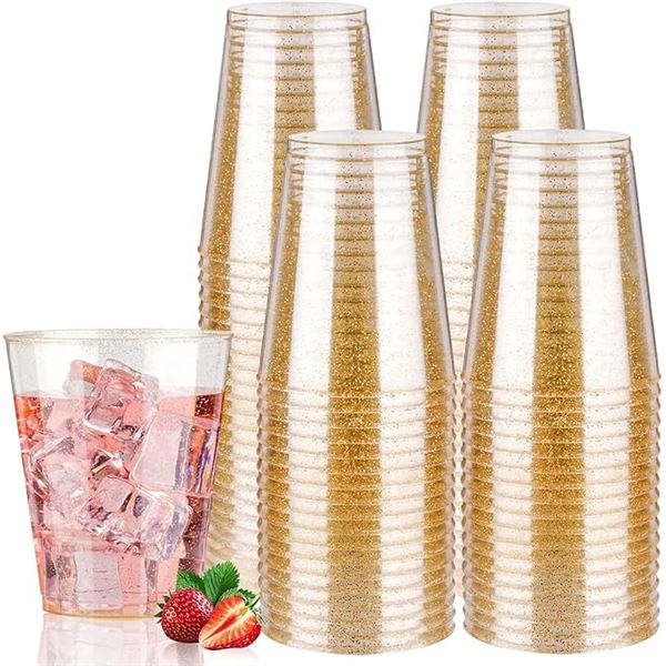 100-Pack Box of Gold Glitter Plastic Cups (10oz) Disposable Glitter Cups/Fancy Party Cups - New