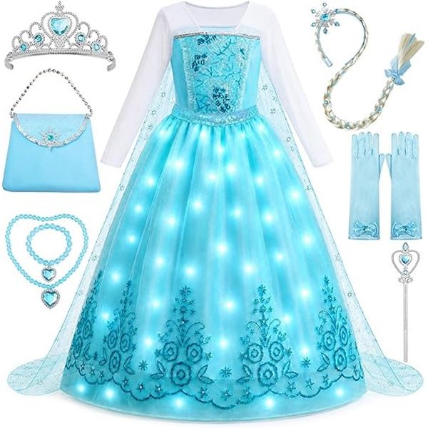 Light-Up Princess Elsa Costume for Girls with Dress & Accessories; Built-In LED Lights - New!