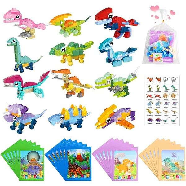 24-Pack Dinosaur-Themed Lego-Style Toy Building Sets with Valentines Cards - New