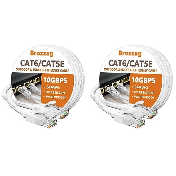 2-Packs of 30FT 10GBPS 24AWG CAT6 Outdoor & Indoor Ethernet Cables; Waterproof/UV Resistant - NEW
