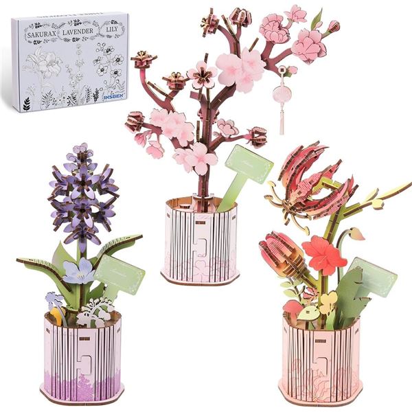 3D Wooden Flower Building Set, Set of 3 Buildable Botanical Flowers - Great for Plant Lovers! New