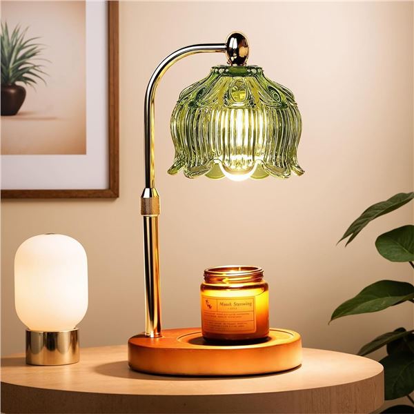 Electric Candle Warmer Lamp w/ Glass Shade & Walnut Wood Base, 2x Bulbs Included, Adjustable Height