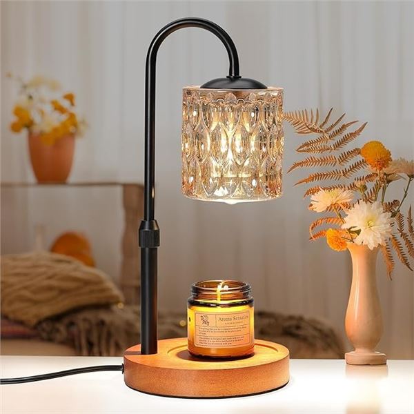 Electric Candle Warmer Lamp w/ Glass Shade & Walnut Wood Base, 2x Bulbs Included, Adjustable Height