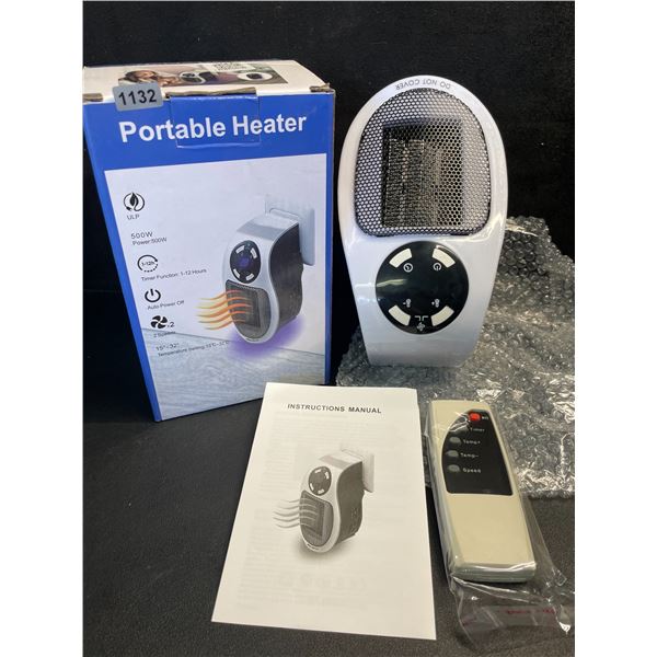 Portable Electric Heater (500W) With Remote - Plugs Into Outlet; 2-Speeds, Timer Function - New