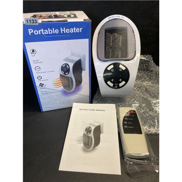 Portable Electric Heater (500W) With Remote - Plugs Into Outlet; 2-Speeds, Timer Function - New
