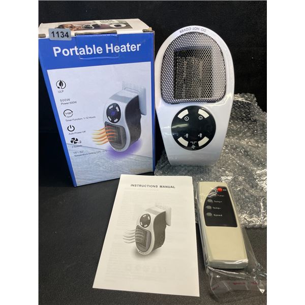 Portable Electric Heater (500W) With Remote - Plugs Into Outlet; 2-Speeds, Timer Function - New
