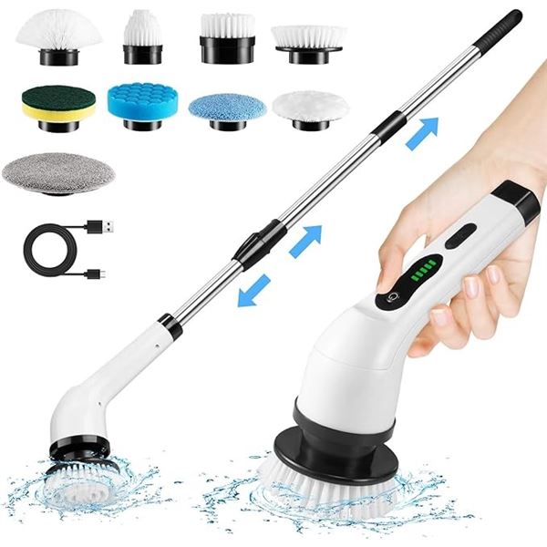Electric Spin Scrubber with 9 Assorted Heads, 2 Speeds, & 3 Adjustable Lengths - New (Dmg Box)