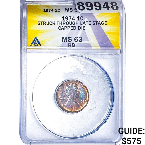 1974 Wheat Cent ANACS MS63 RB TONED