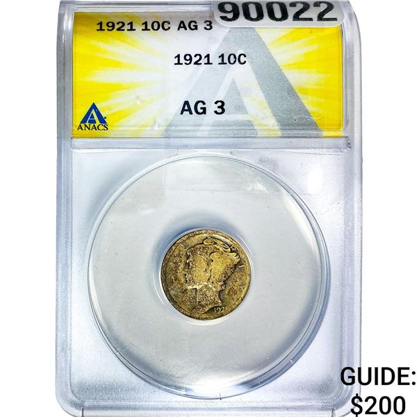 1921 Mercury Silver Dime ANACS AG3