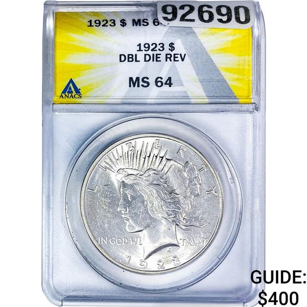 1923 Silver Peace Dollar ANACS MS64 DDR