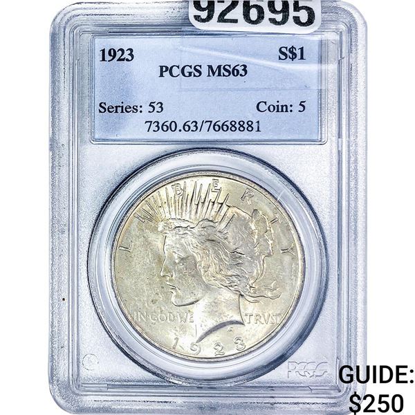 1923 Silver Peace Dollar PCGS MS63
