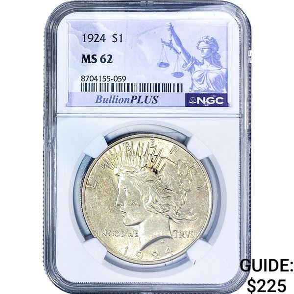 1924 Silver Peace Dollar NGC MS62