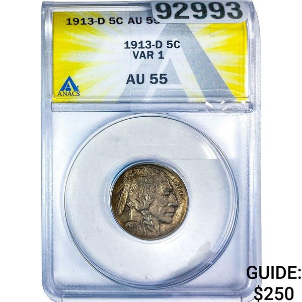 1913-D Buffalo Nickel ANACS AU55 Var 1