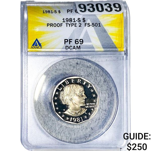 1981-S Susan B. Anthony $1 TY 2 FS-501 ANACS PF69 DCAM