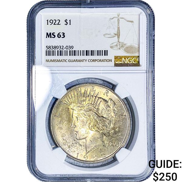 1922 Silver Peace Dollar NGC MS63
