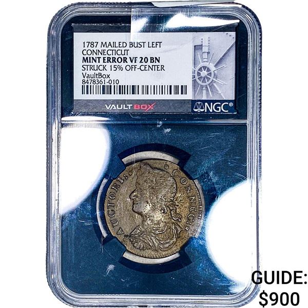 1787 Mailed Bust Left Connecticut Copper Token NGC VF20 BN