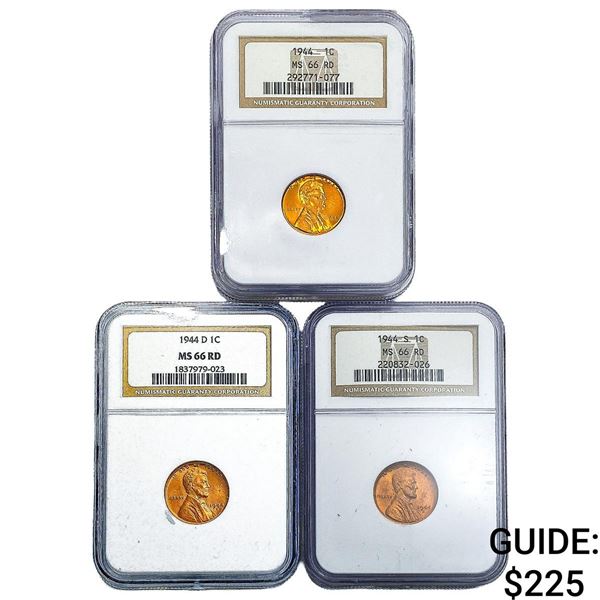 [3 Coins] 1944-D,S Wheat Cent NGC MS66 RD