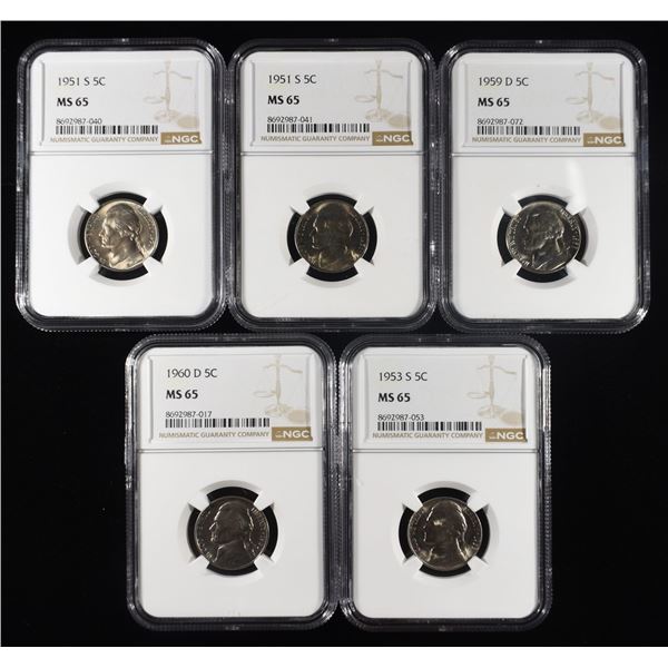 (5) NGC MS65 GRADED JEFFERSON NICKELS