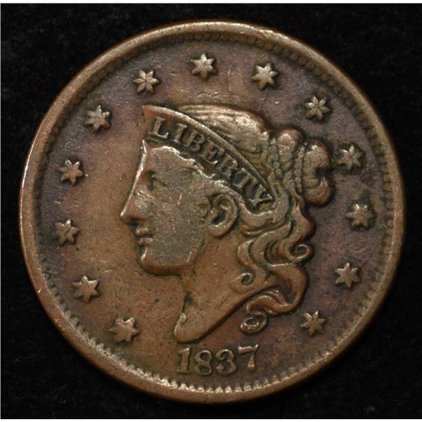 1837 CORONET HEAD LARGE CENT VF