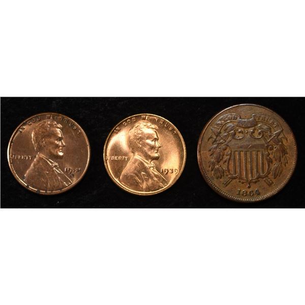 1939, 41-S WHEAT CENTS & 1864 2-CENT PIECE