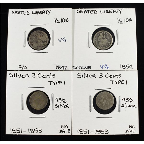 (2) HALF DIMES & (2) SILVER 3-CENT PIECES