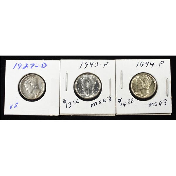 1944, 1943 & 1927-D MERCURY DIMES